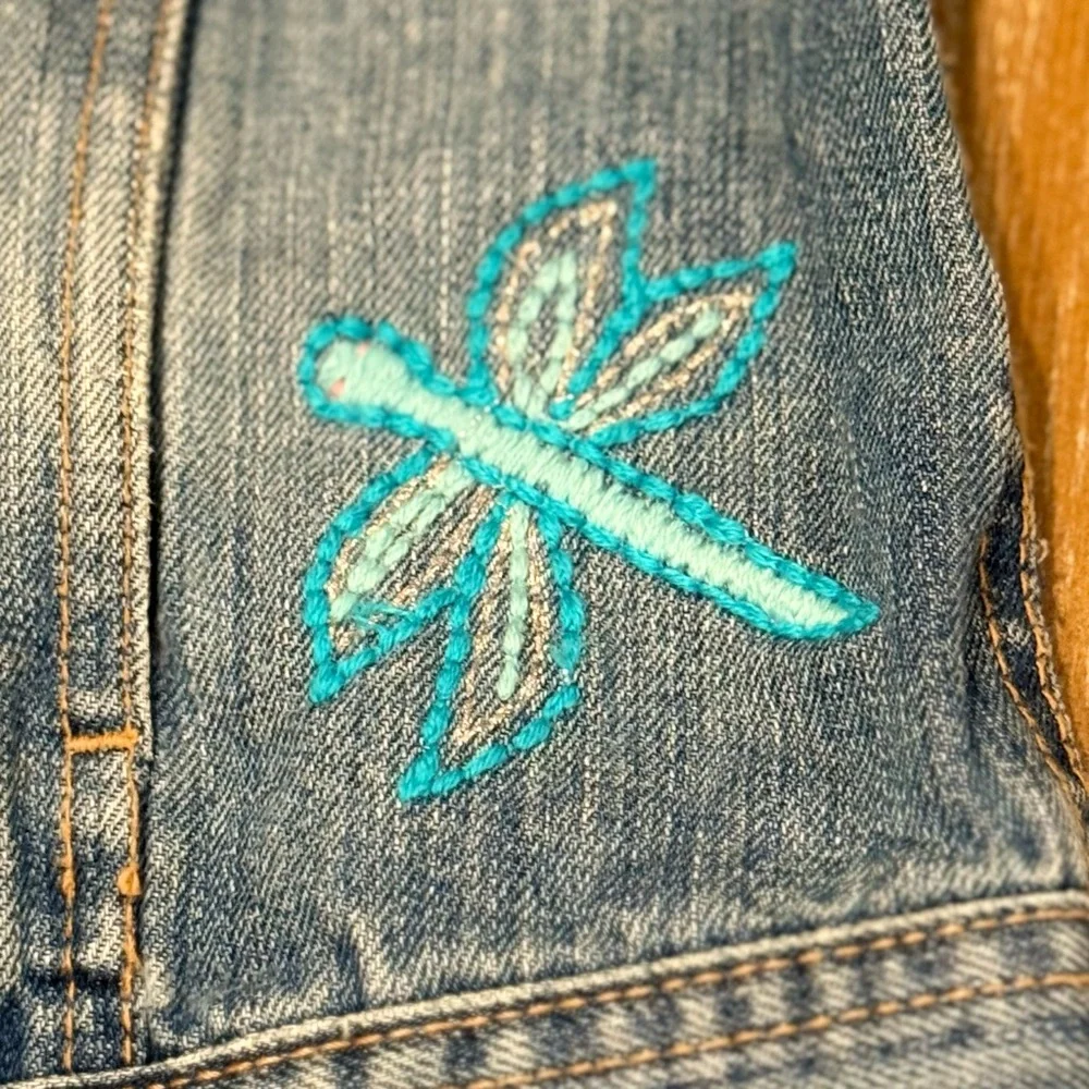 GAP Girl's Denim Jean Jacket Embroidered Flowers Blue‎ Button Up Sz XXL (14-16)